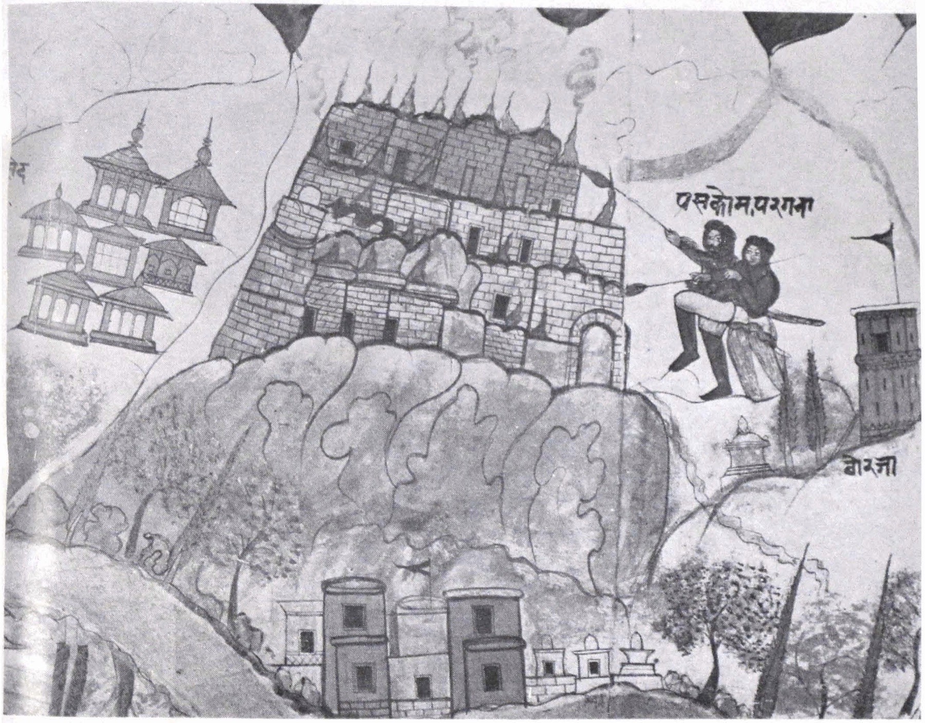 The setting on fire of Pashkum fort, from the 1840s painted scroll of the campaigns · Public domain, via Wikimedia Commons