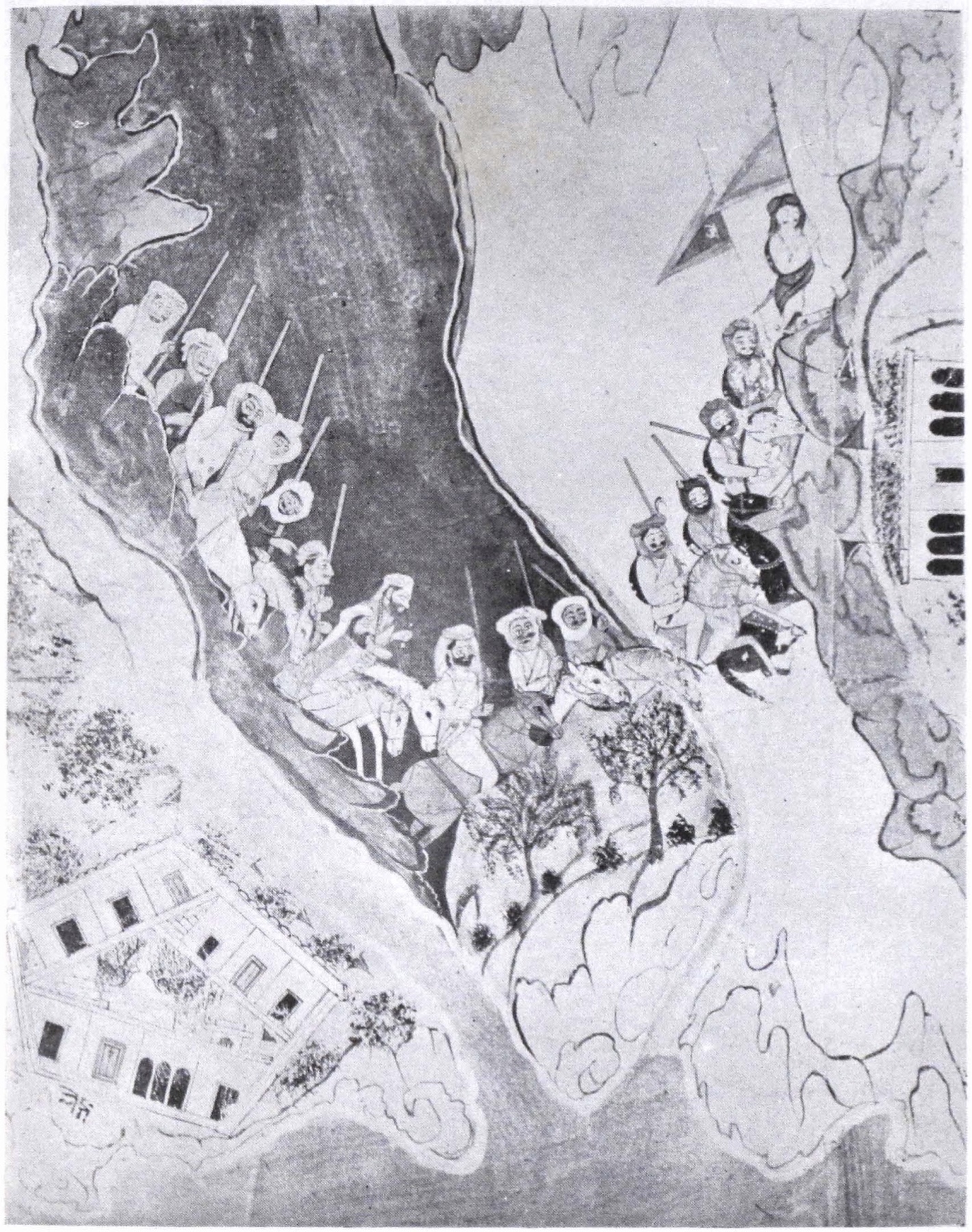 The Dogra army crossing a deep ravine, from a painted scroll of the campaigns made in the 1840s, possibly by Ganga Ram Nakashi · Public domain, via Wikimedia Commons