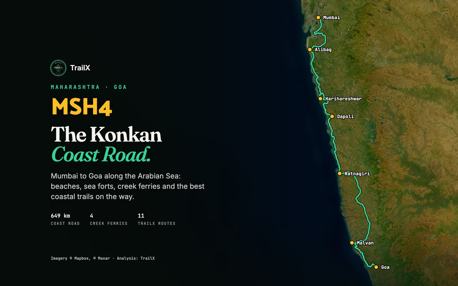 Satellite image of the Konkan coast from Mumbai to Goa with the MSH4 coast road marked through Alibag, Harihareshwar, Dapoli, Ratnagiri and Malvan, and the headline MSH4, The Konkan Coast Road