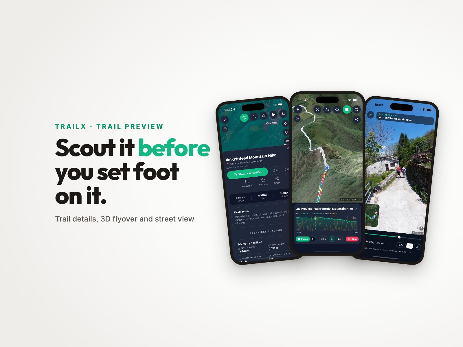 Three phones showing the TrailX trail details screen, a 3D flyover over green hills and a street view photo of hikers on a stone lane