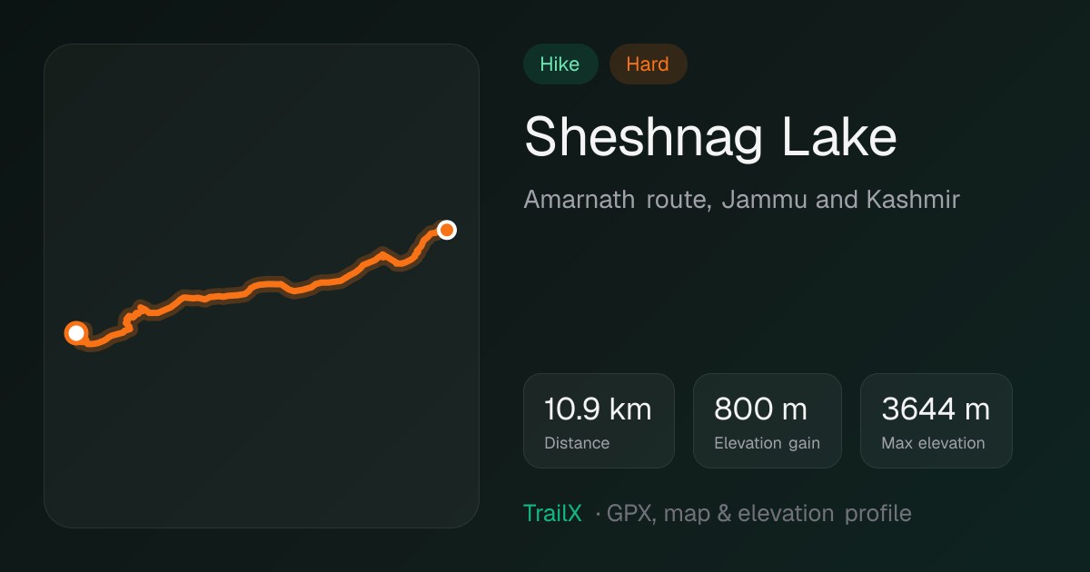 Sheshnag Lake trek: 10.9 km on the Amarnath route, to about 3,640 m