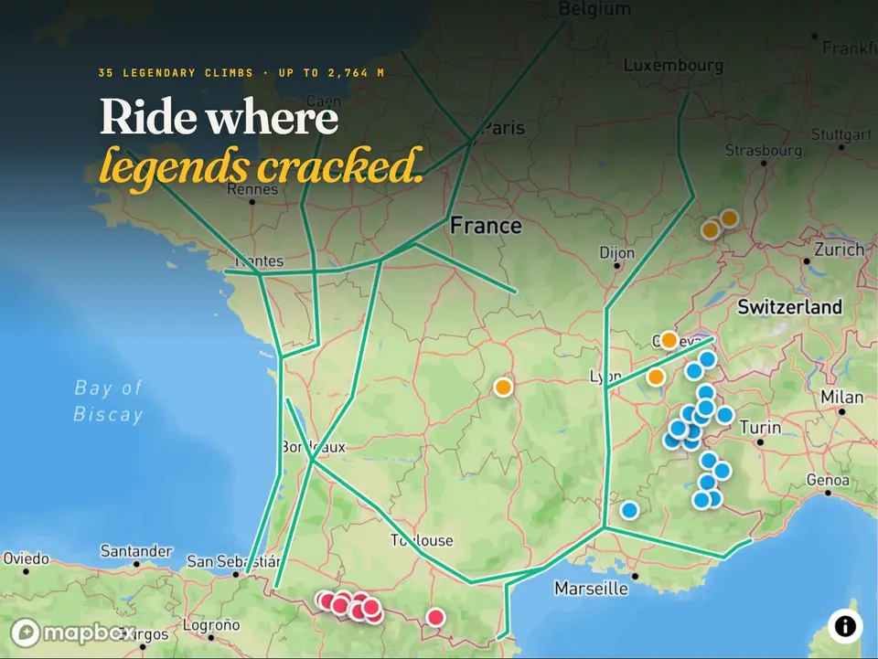 Map of France with pins for 36 Tour de France climbs in the Alps, Pyrenees, Vosges, Jura and Massif Central, and lines for ten long-distance cycle routes