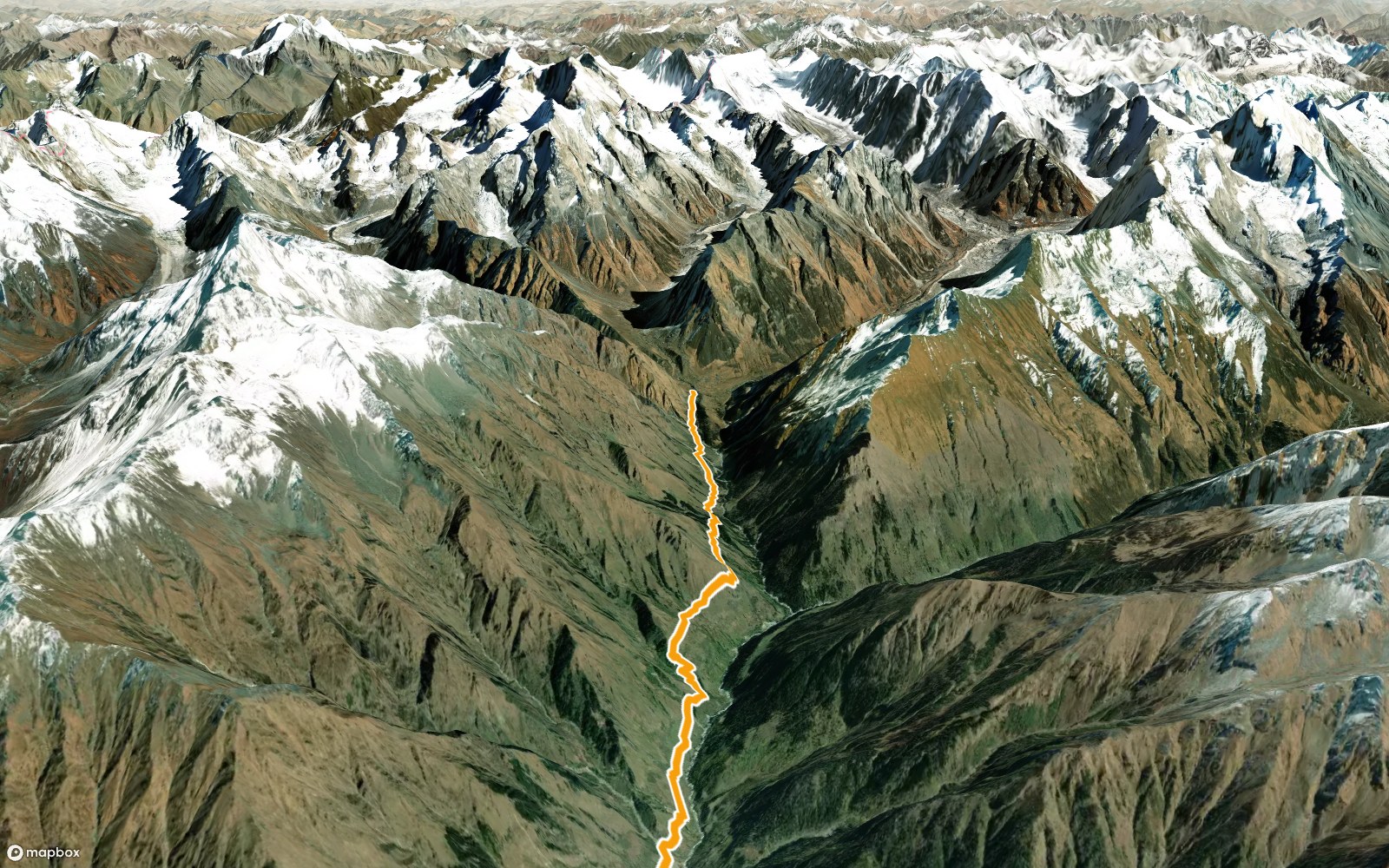 3D view of the Har Ki Dun trail climbing into the meadow, with the snow peaks at the head of the valley, the trail in orange on satellite terrain