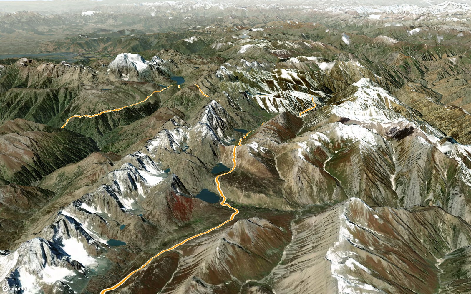 3D view of the Kashmir Great Lakes route from Vishansar past Kishansar to Gadsar Pass, with the lakes strung along the trail, the trail in orange on satellite terrain
