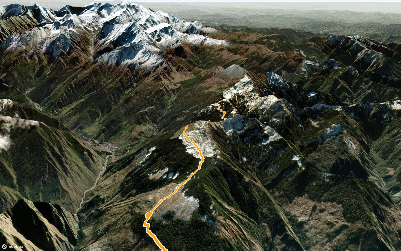 3D view of the Kuari pass trail along the ridge above Tali, the trail in orange on satellite terrain