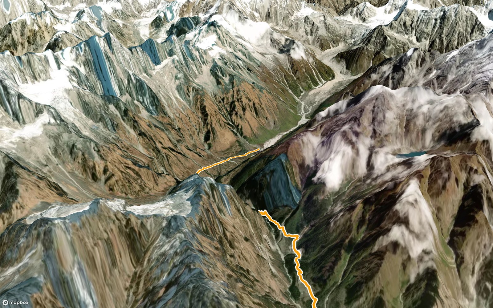3D view of the Valley of Flowers route from Ghangaria into the Bhyundar valley, the trail in orange on satellite terrain