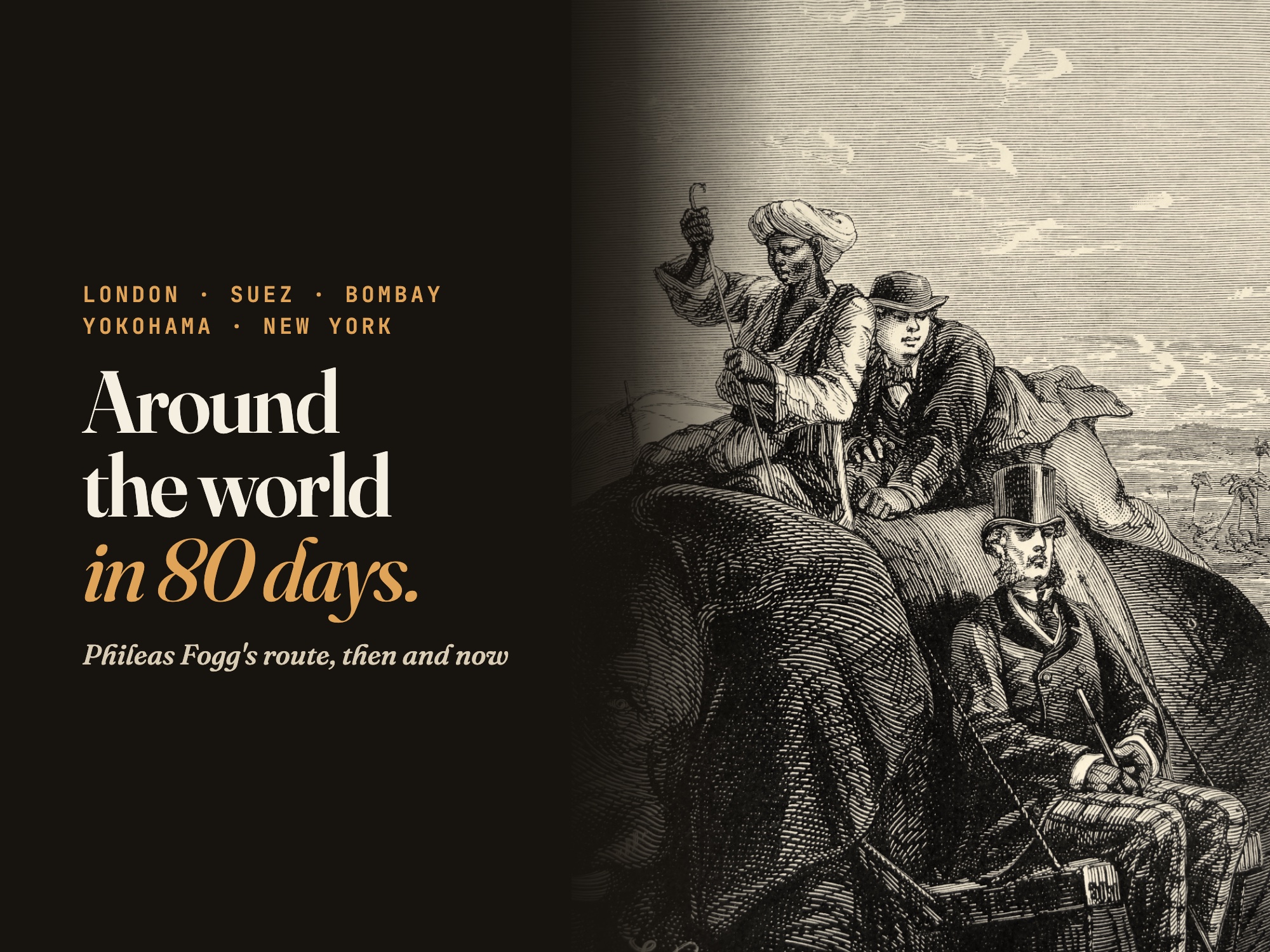 1873 engraving of Phileas Fogg in a top hat riding an elephant with Passepartout and a guide, beside the caption "Around the world in 80 days"