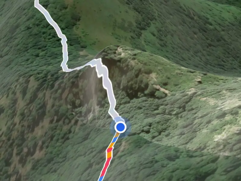 3D flyover of a mountain trail, the route coloured by how steep it gets